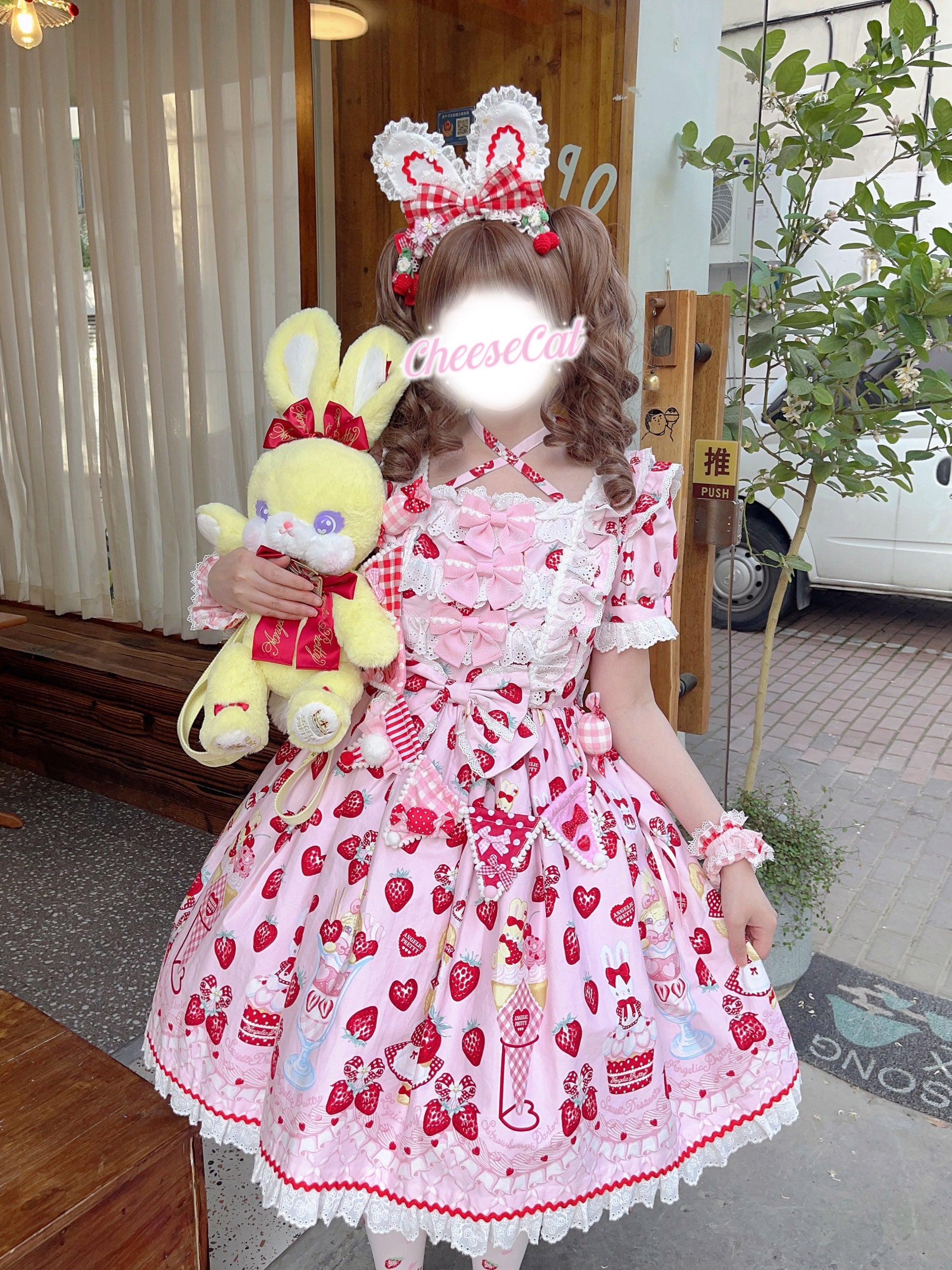 Cheese Cat - Sweet and Playful Strawberry Gingham Lace Cuffs