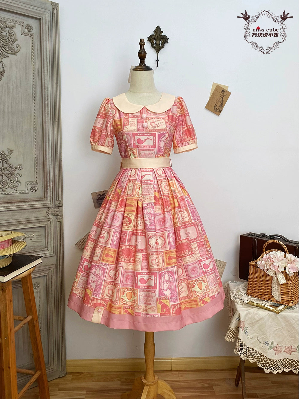 Miss Cube~Antique Label~Retro Lolita OP Dress Short Sleeve Dress XS Peach pink 
