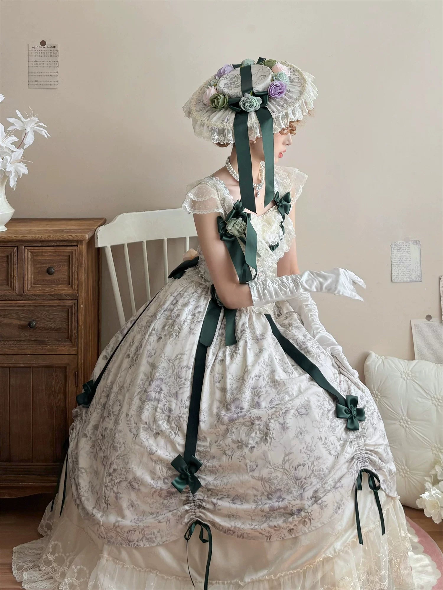 Dolota Flower Wall - Classic Lolita Floral OP Dress, Open Shoulder 44485:811090