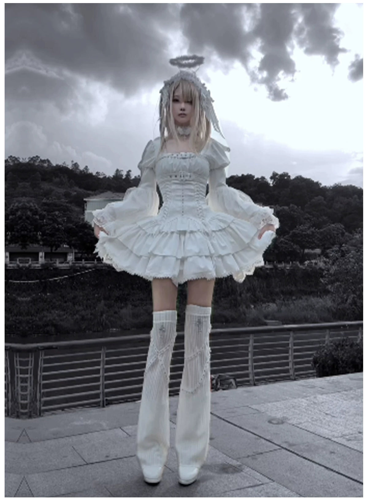 White Night Feather - Gothic Lolita OP Dress & Leg Warmers Set, Angel Cross Theme 46055:873985