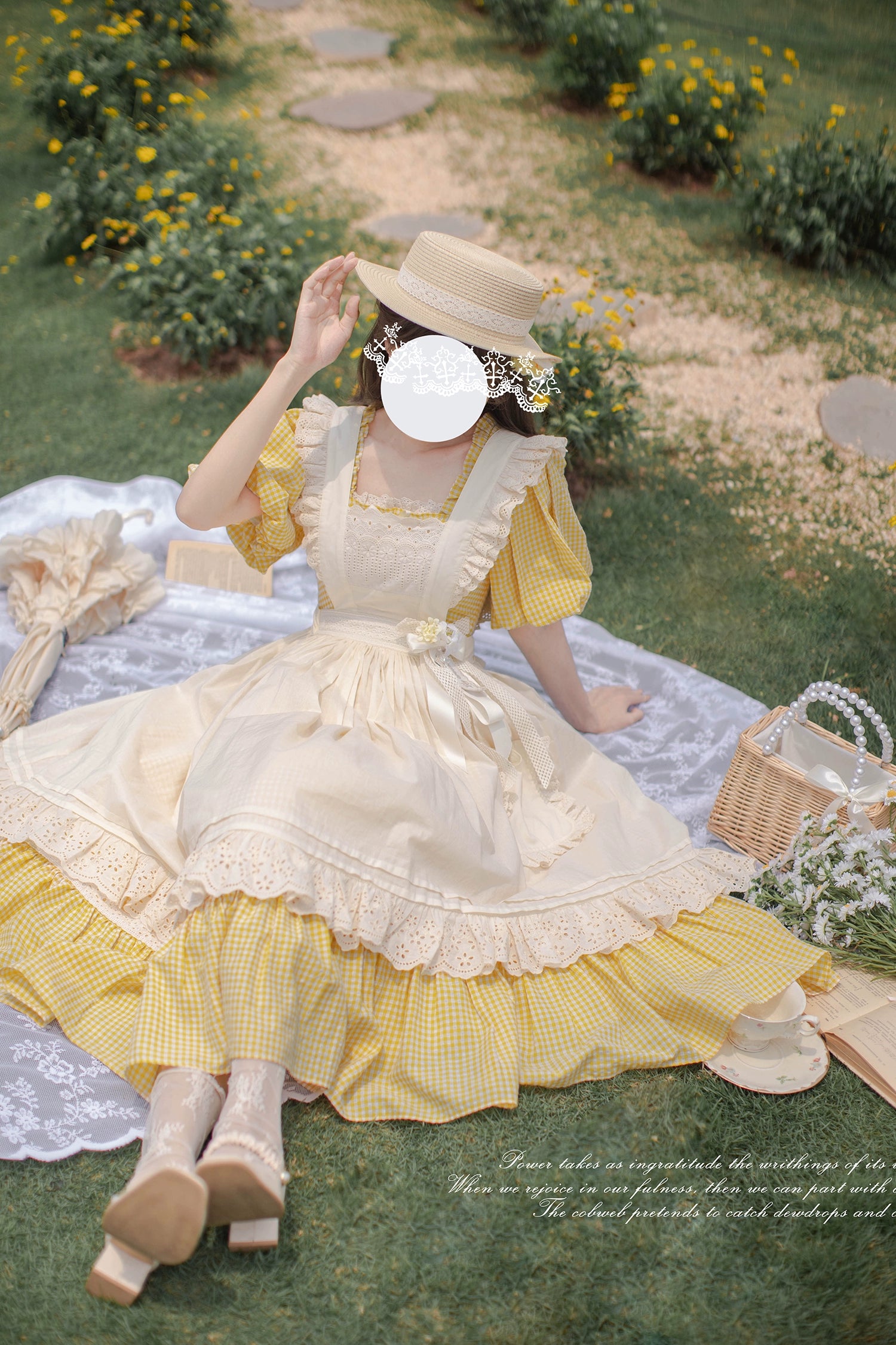 HuTaoMuJK - Belle - Yellow Lolita OP Dress Set Apron Dress Plaid Print