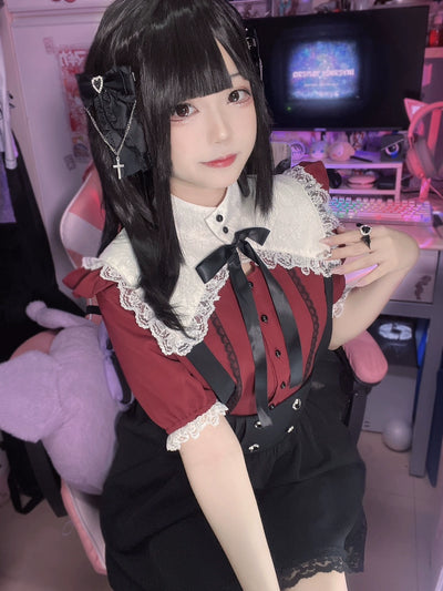 (BFM)Underground Idol World~Jirai Kei Square Stand Collar Ribbon Blouse Heart Buckle Skirt Set F Red and black top 