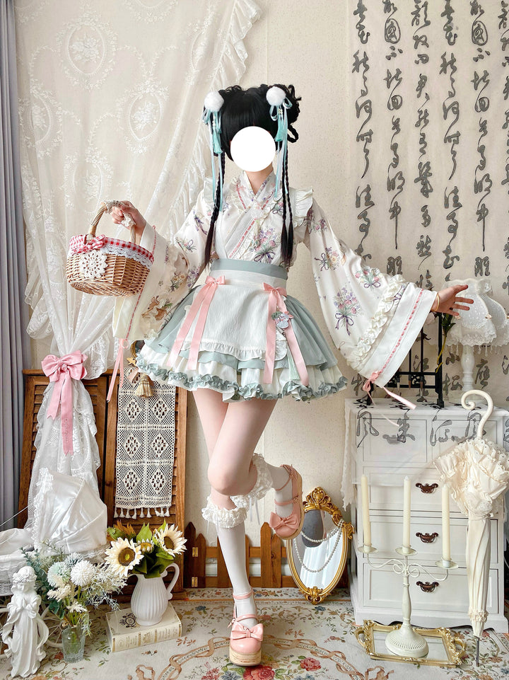 Qianmu~Little Herbalist~Han Lolita Skirt Outfit with Cross-collar Blouse and Apron