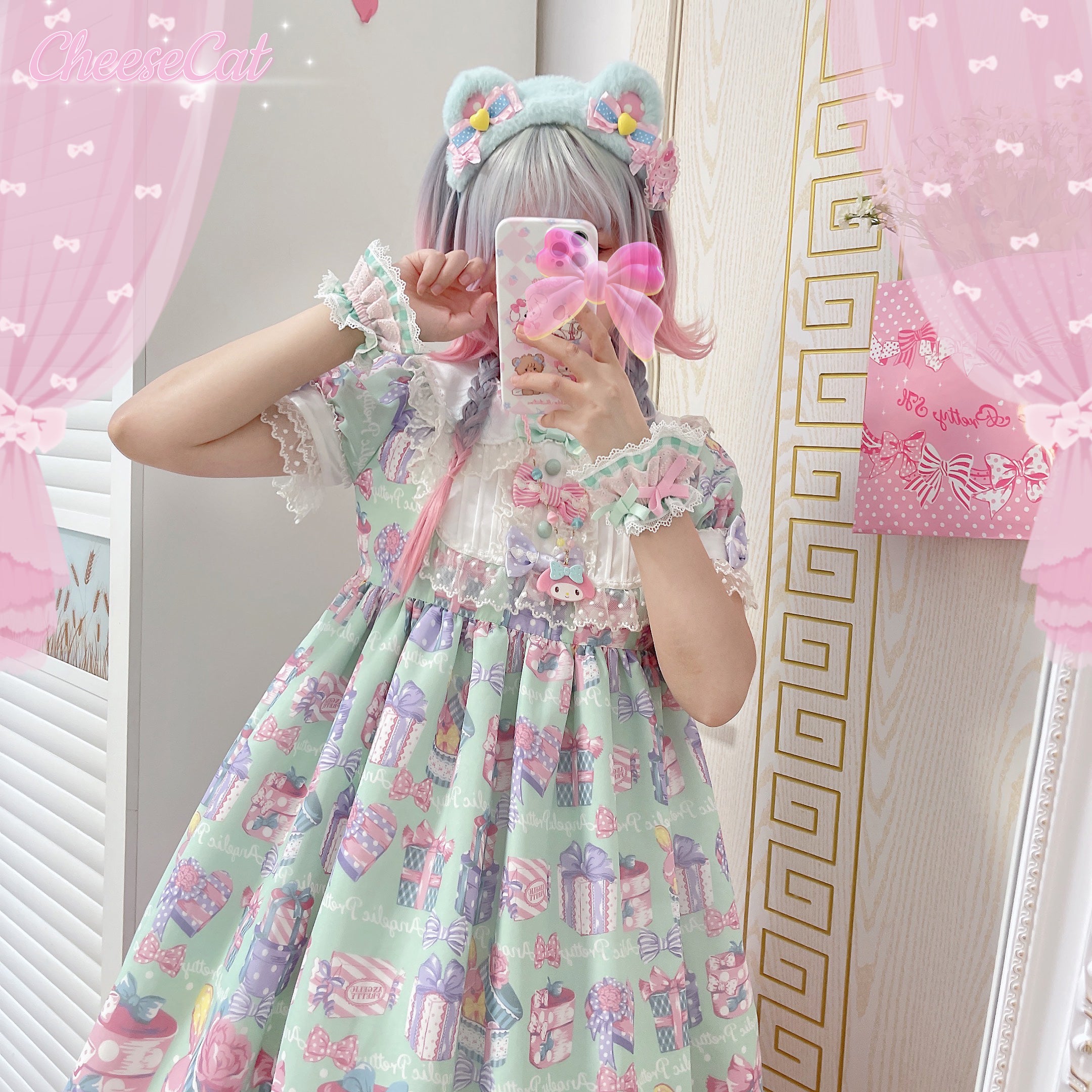 Cheese Cat - Sweet and Playful Strawberry Gingham Lace Cuffs