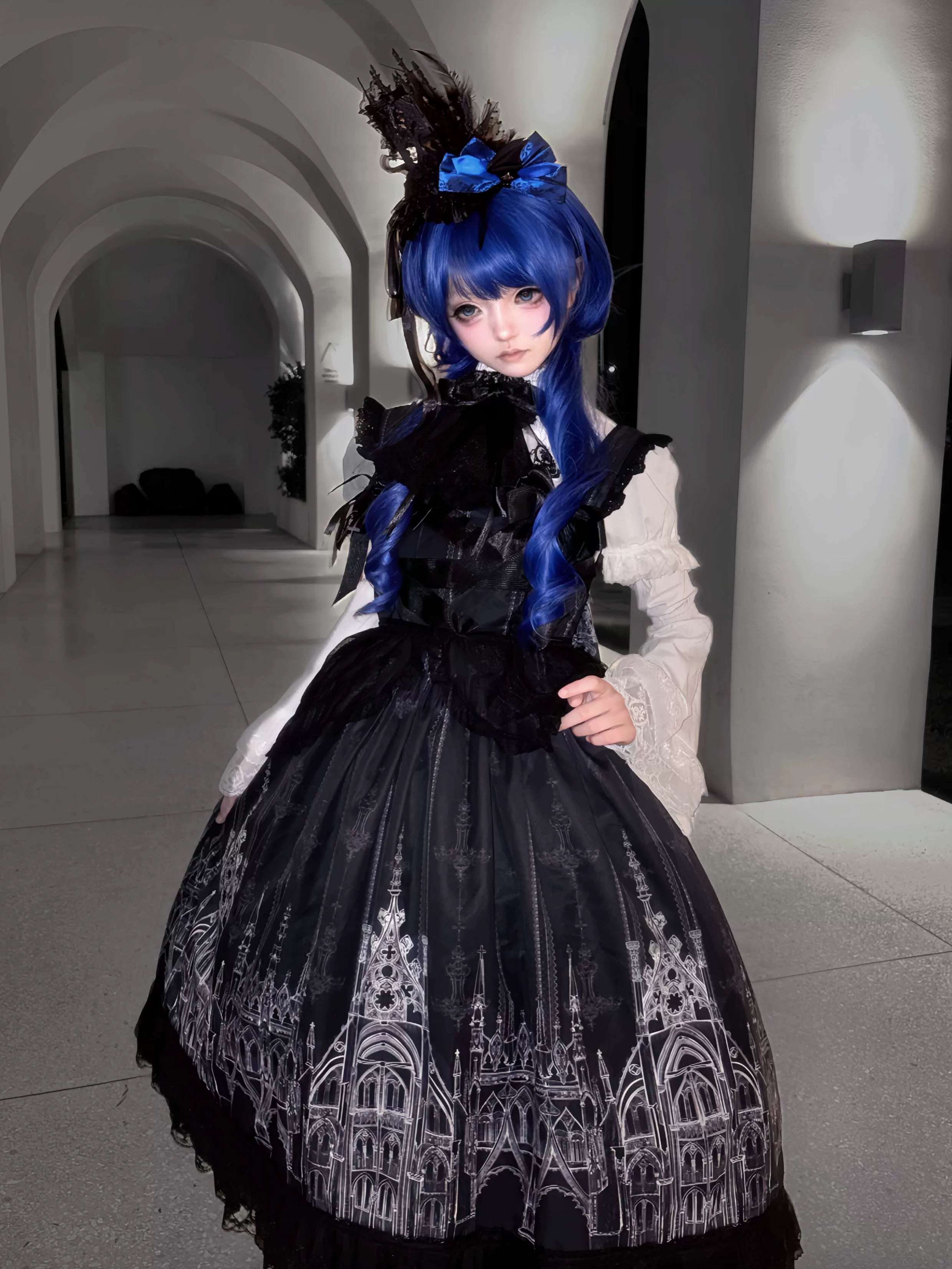 Silent Spire - Gothic Lolita Cathedral Print JSK & OP Dress Set, Side Pockets 45921:868081