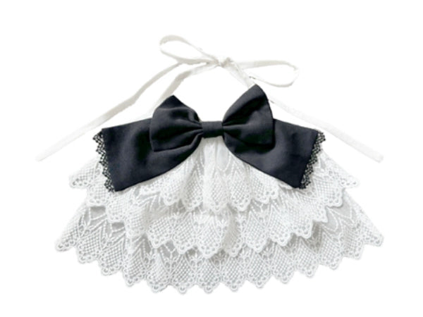 (BFM)LeMiroir~Saint~Gothic Lolita Bonnet Rib Chain Brooch Jabot White - Black Lace Bow Tie  