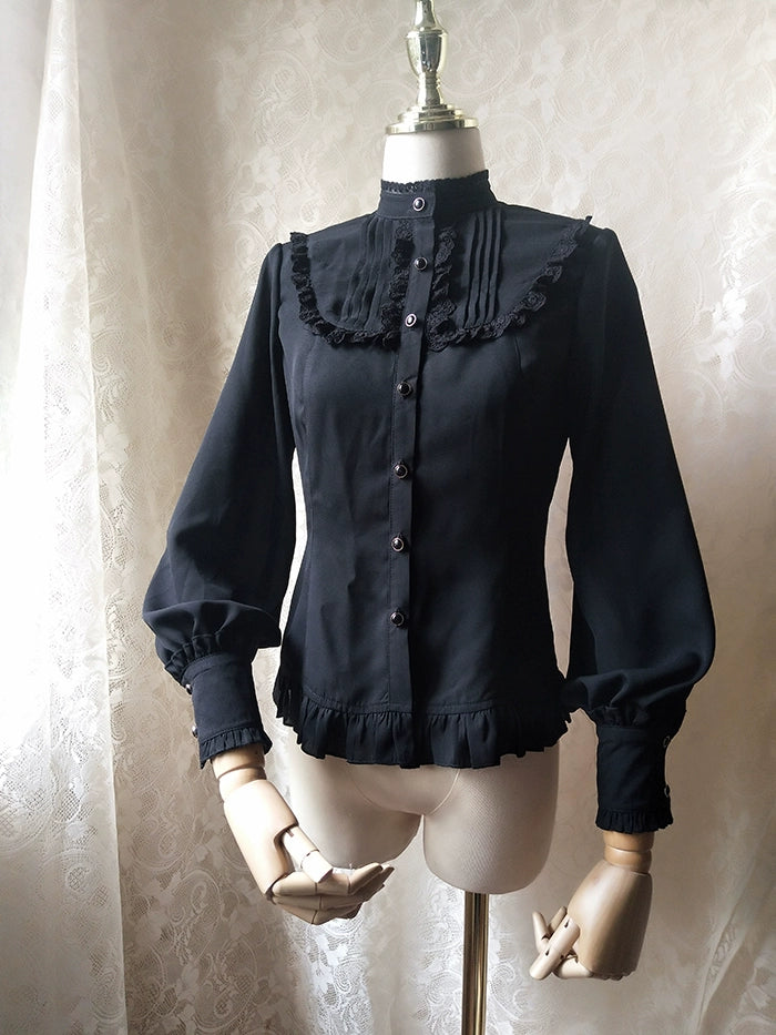 Youlan Lane~Classic Lolita Shirt Elegant Lollita Blouse With Stand Collar XS Black 