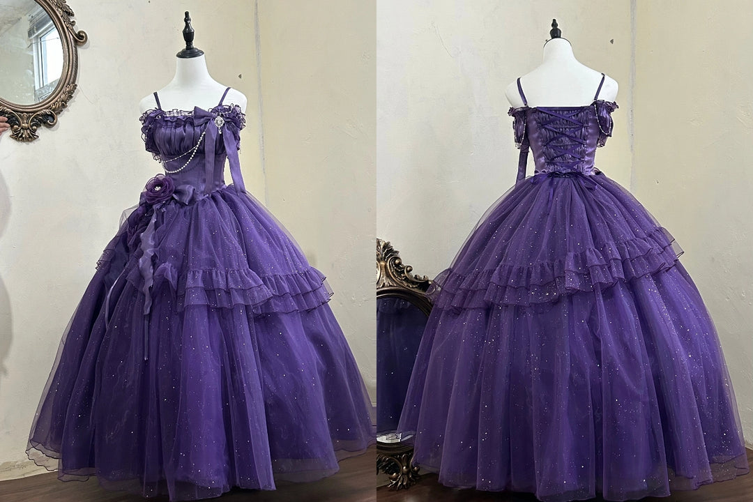 Meowing and fruity~Milky Way~Brilliant Princess Lolita Dress Multicolors Long Dress Galaxy Purple Dress Only - S