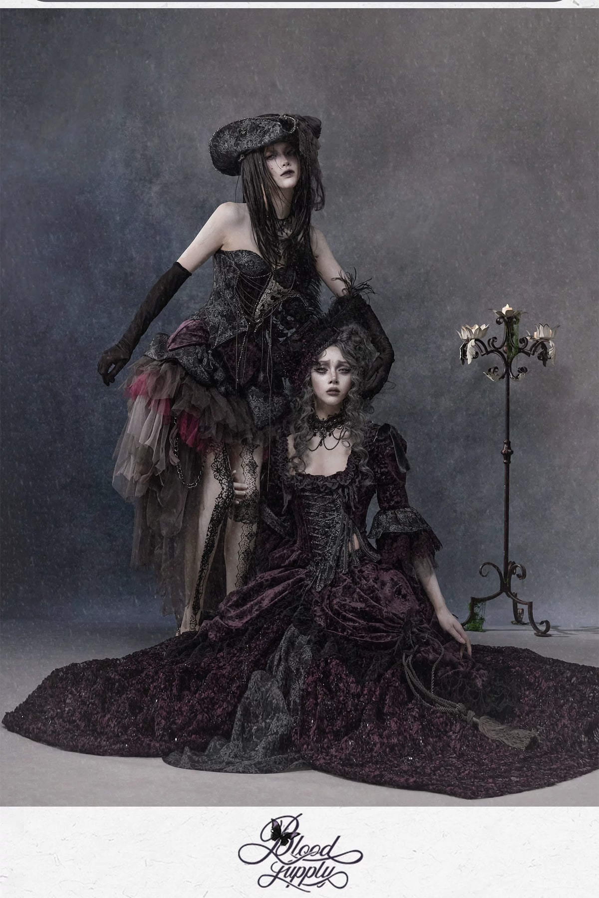 Undead's Gift - Halloween Gothic Lolita Draped Panel Skirt Set, 3D floral lace
