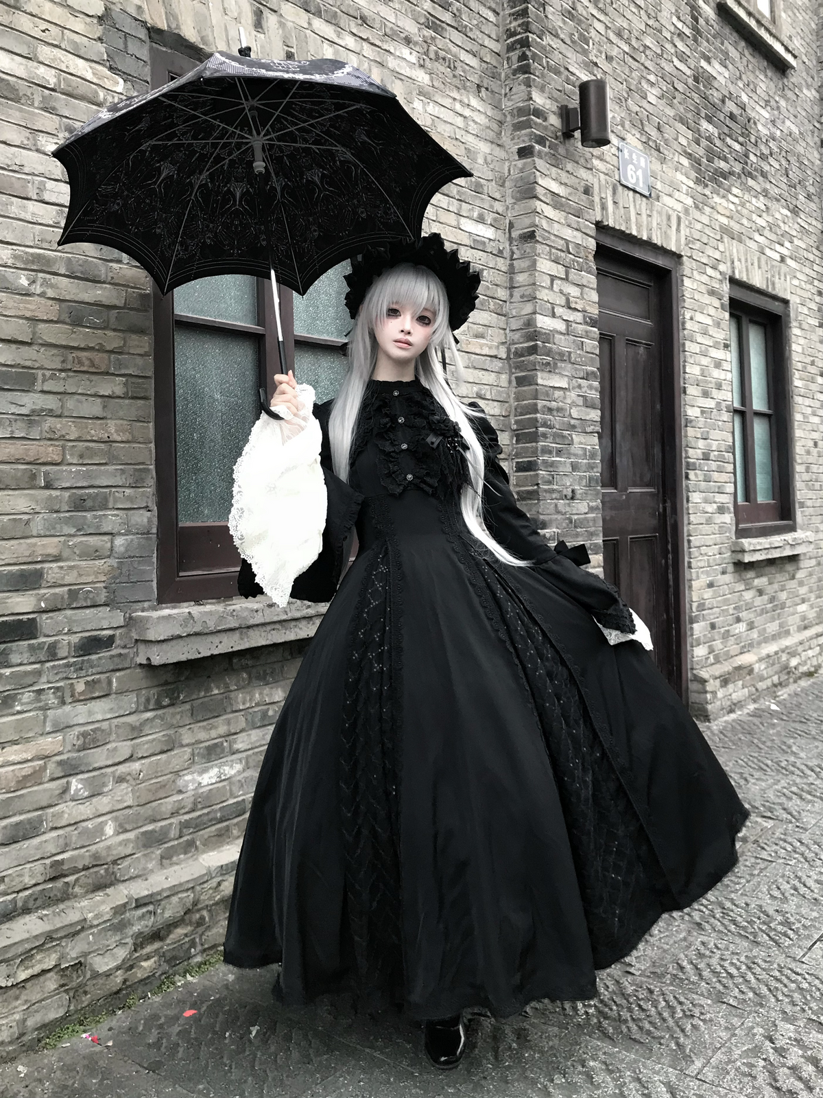 Silver Mist - Halloween Black Gothic Lolita OP Dress, Lace Hime Sleeves