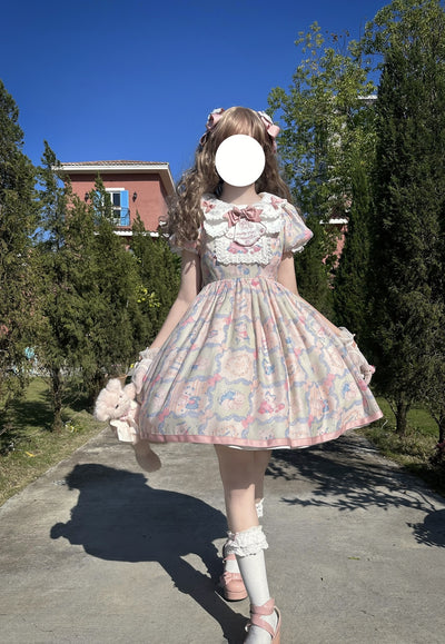 Ocean Nominal~Luck Cat~Lovely Lolita OP Dress Short Sleeve Cat Print Dress S Pink and green OP 