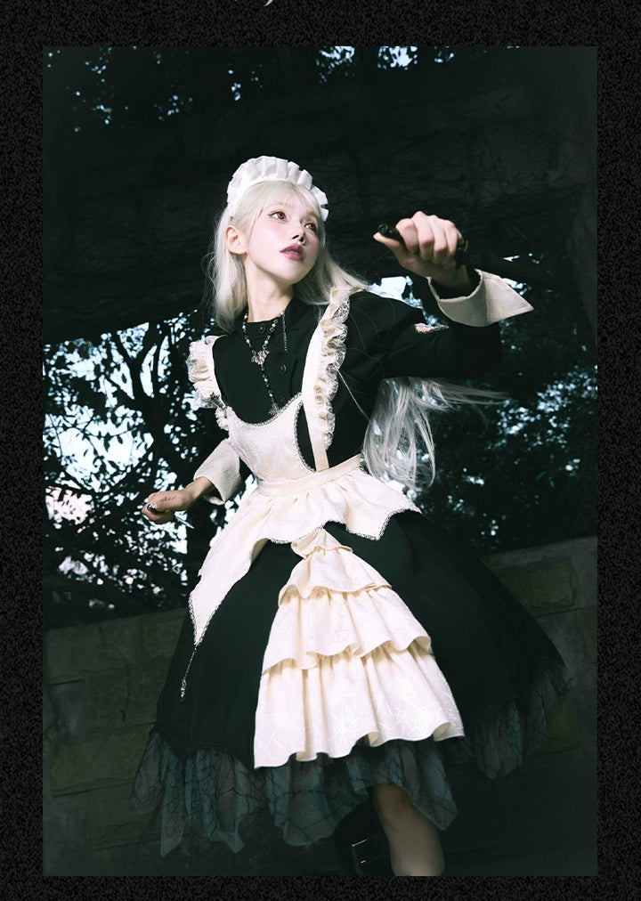 Sakurahime~Spider Dream~Gothic Lolita OP Dress Maid Lolita Built-in Fishbone Detachable Apron