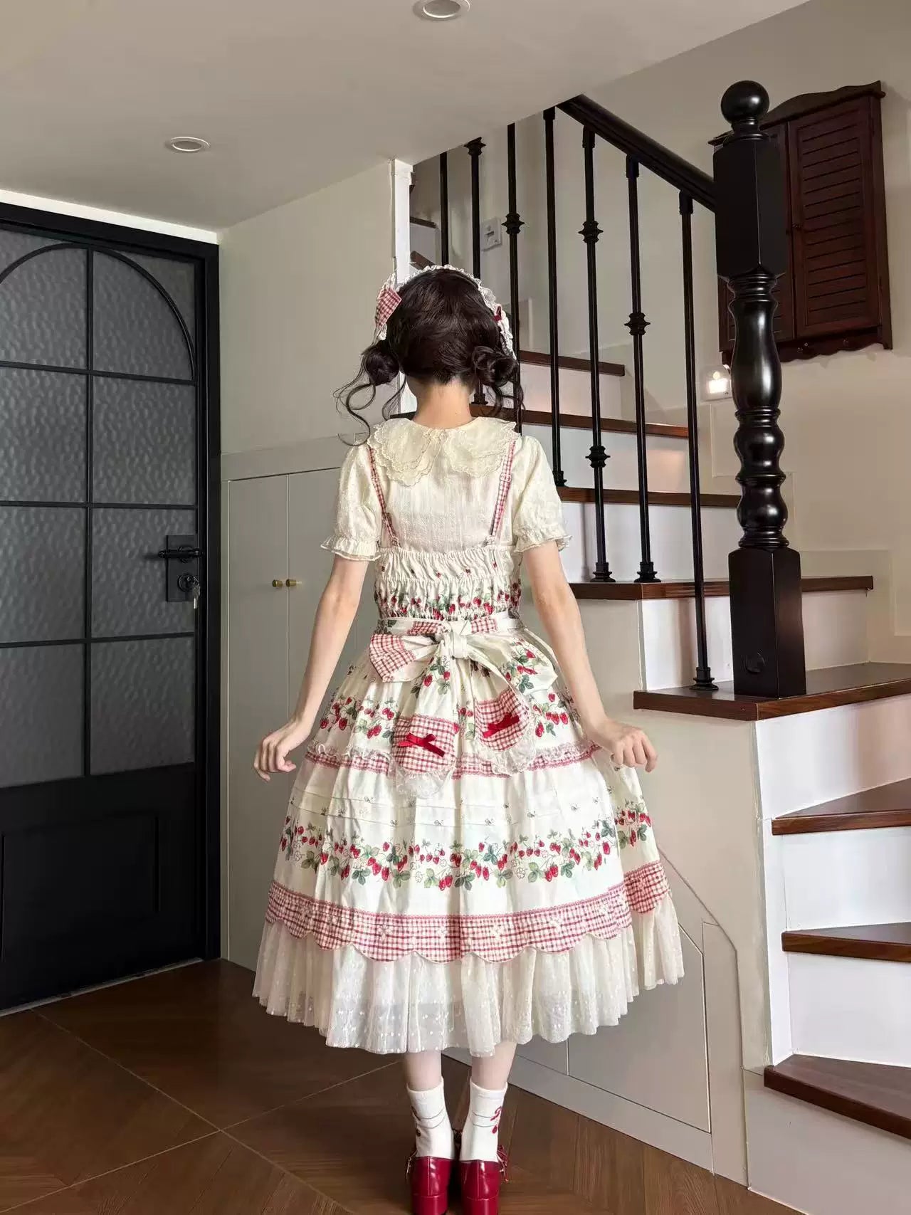 Cranberry and Lucky Clover - Cotton Sweet Lolita JSK Dress, Strawberry and Floral Print 45296:846315
