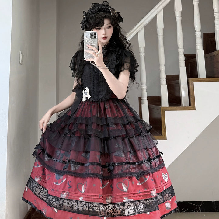 LittlePlum~Telephone Dog~Black Red Classic Lolita Dress Set with OP JSK and Skirt