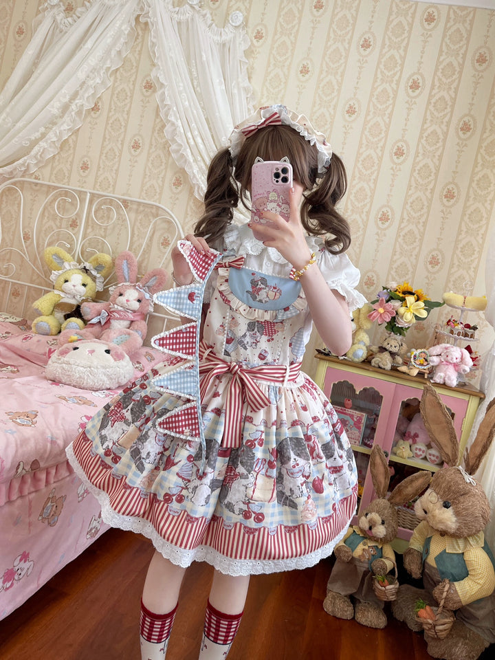 Akiyama Future Studio~Border Collie Cherry~Kawaii Lolita Salopette Cherry Print Dress S Flag sash Only 