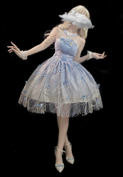Night Dream~Butterfly Dreamland~Elegant Lolita Gorgeous Blue Butterfly JSK XS short JSK (3-piece set) 