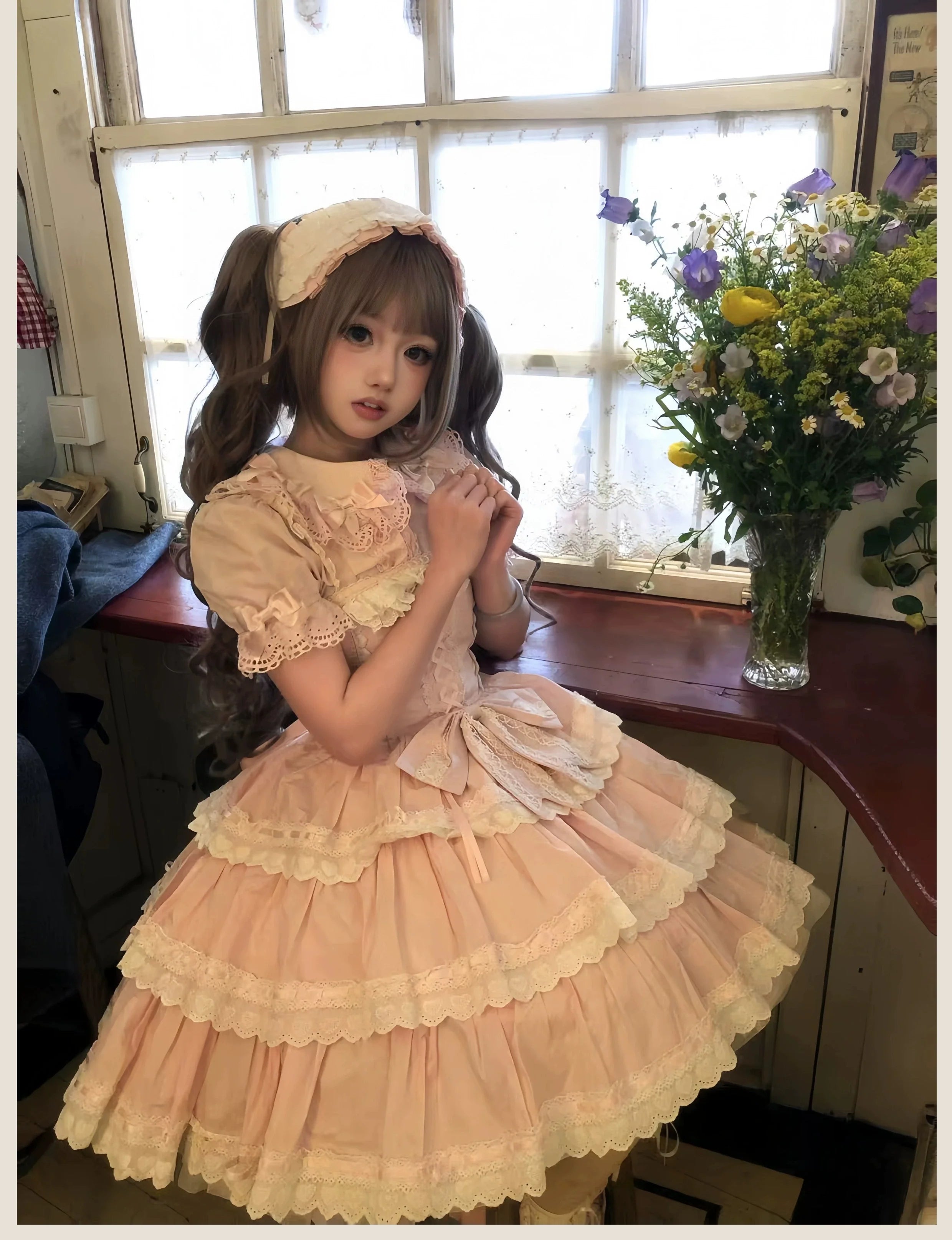 TaTaTa Lolita - Otome Heart - Cotton Old School Lolita JSK Dress, Heart-Shaped Lace Trim 44546:812938