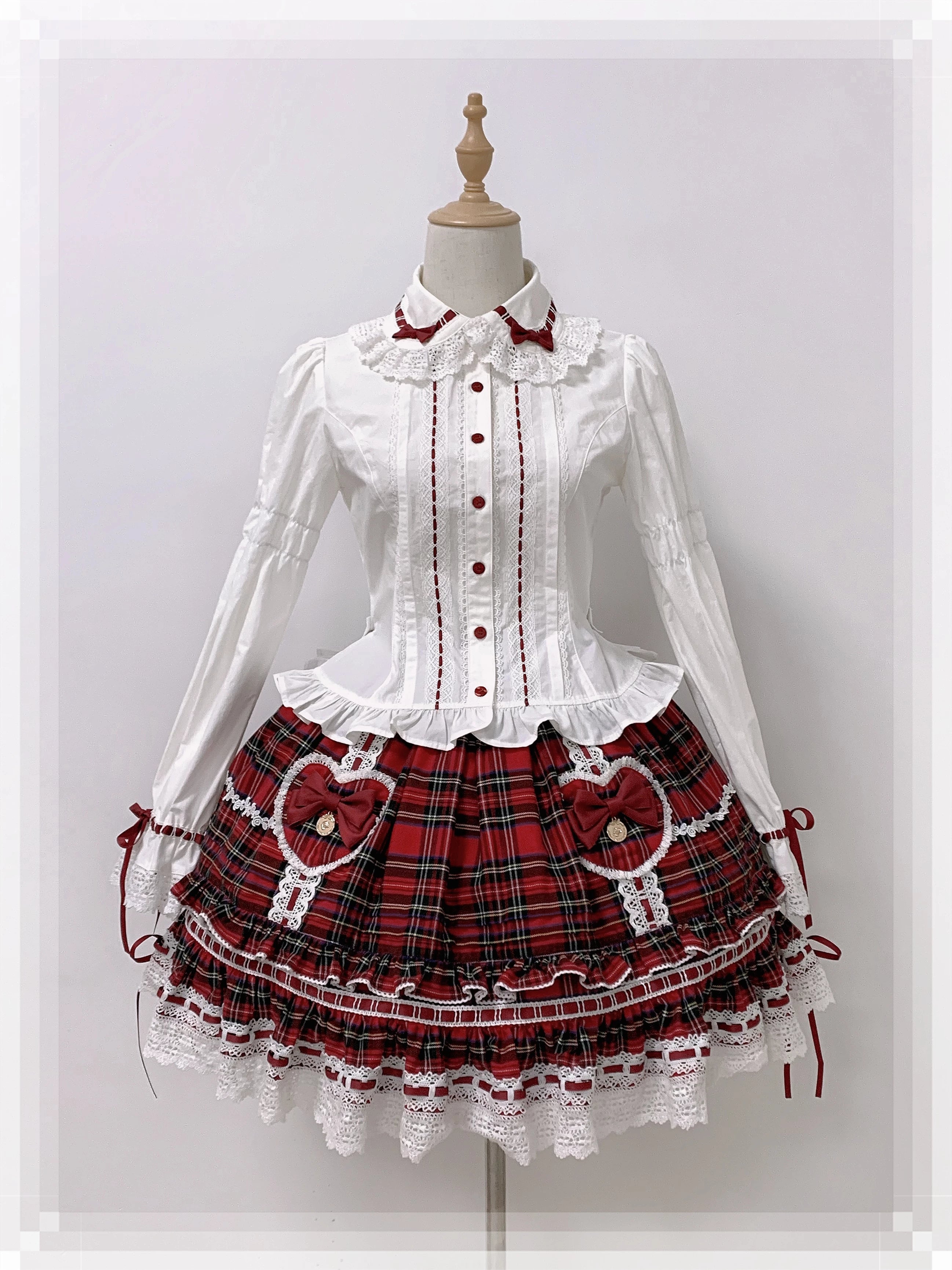 Bunny's Wish - Old School Lolita Coat, Flounce Hem Skirt Red Plaid Skirt XS