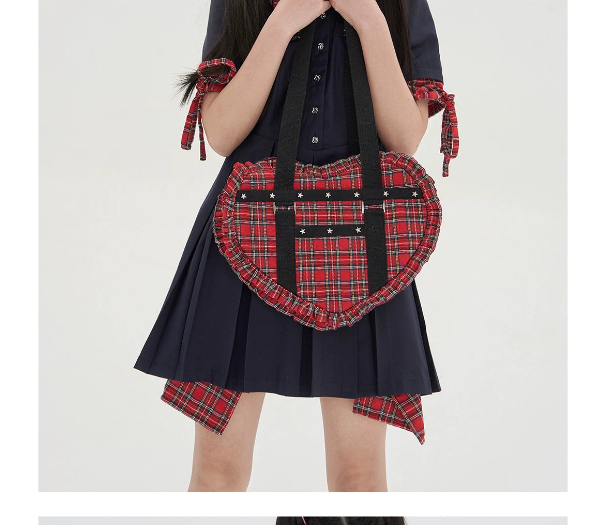 (BFM)Soso Meme Club~Vintage Lolita Heart Shaped Plaid Dot Print JK Uniform Bag   