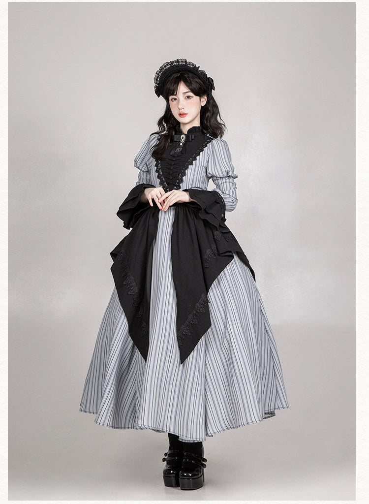 With PUJI~Nocturne SP~Striped Gothic Lolita OP Twin Lolita Dress with Apron