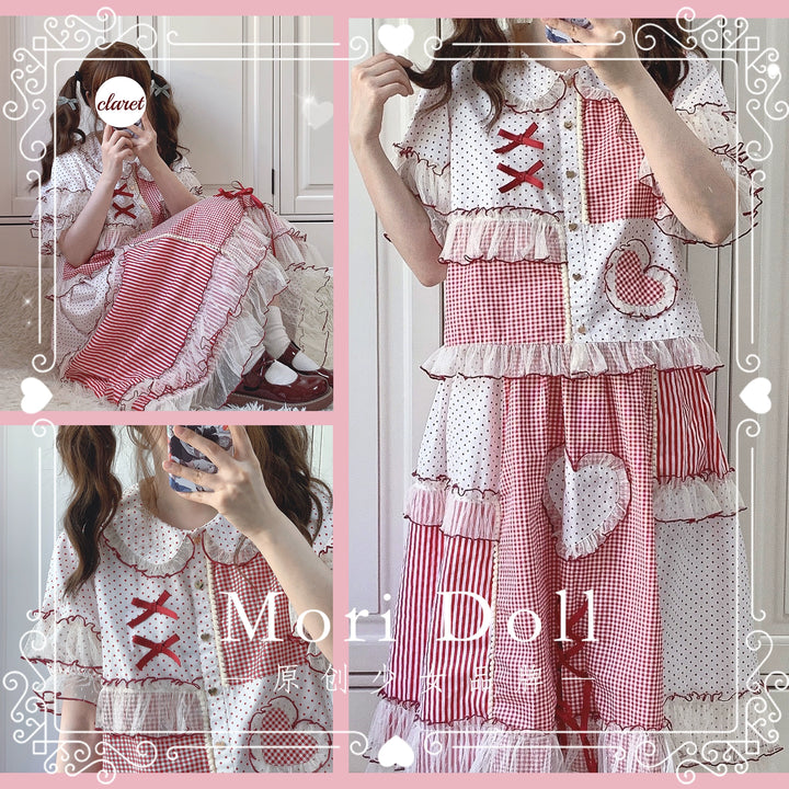 Mori Doll~Peach Tea~Sweet Lolita Dot and Stripe Print Short Sleeve Blouse