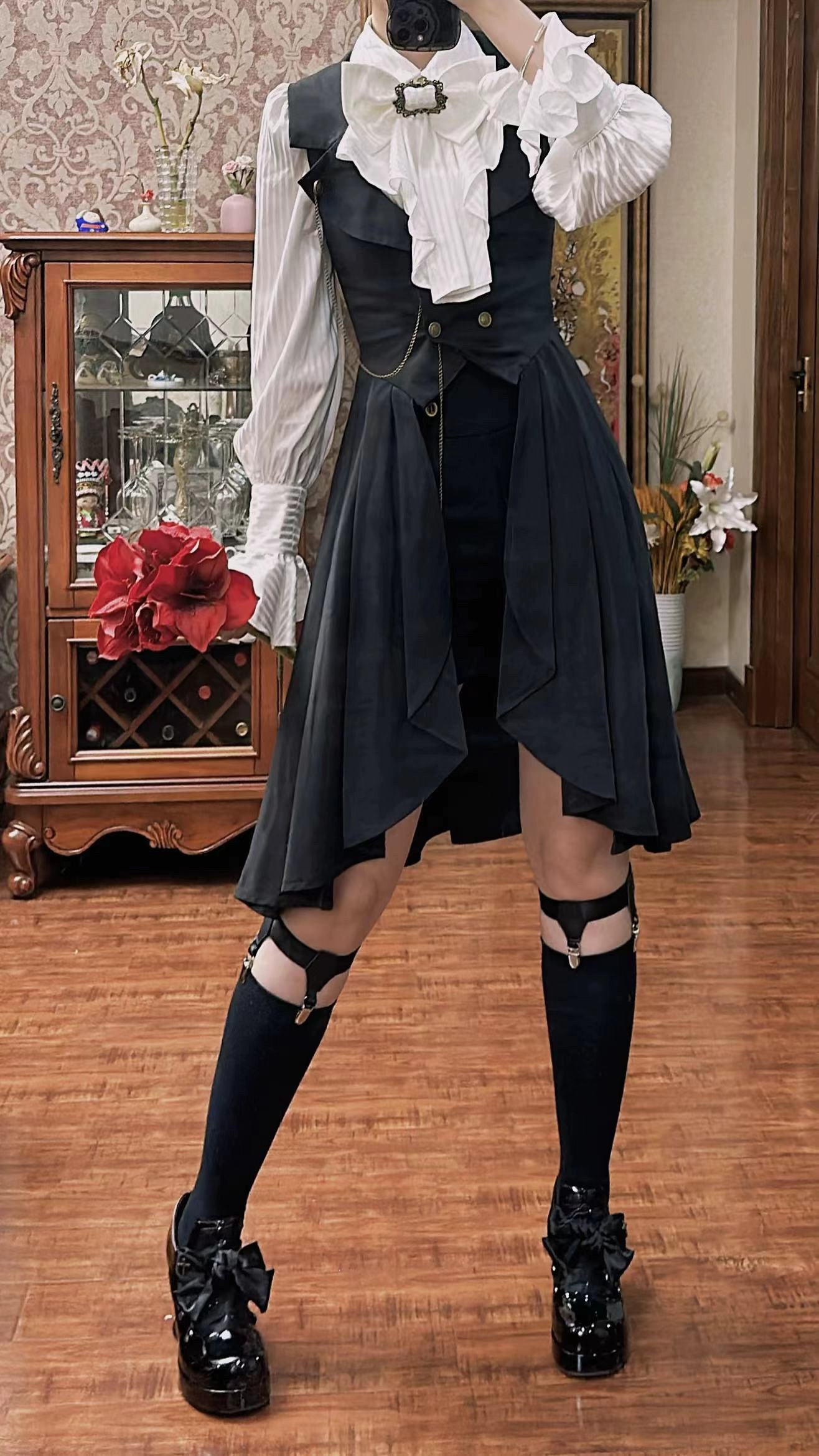 Gazing Galactic - Moonstone - Ouji Lolita Black Vest Prince Long Trailing Vest