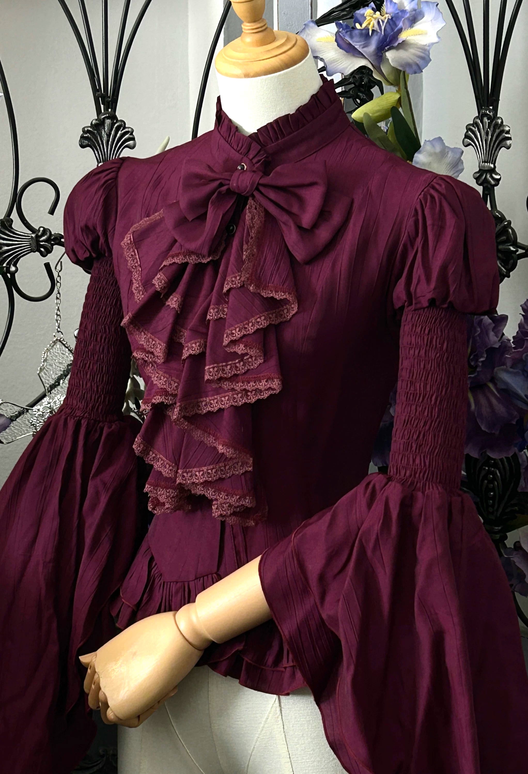 Dragon Bone Cemetery - Gothic Lolita Blouse, Detachable Bell Sleeves Purple Blouse + Bow Brooch + Detachable Bell Sleeves S
