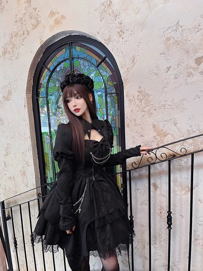Darknight Creed - Gothic Lolita Jacquard OP, Irregular Hem & Cross Pendants 45847:865297