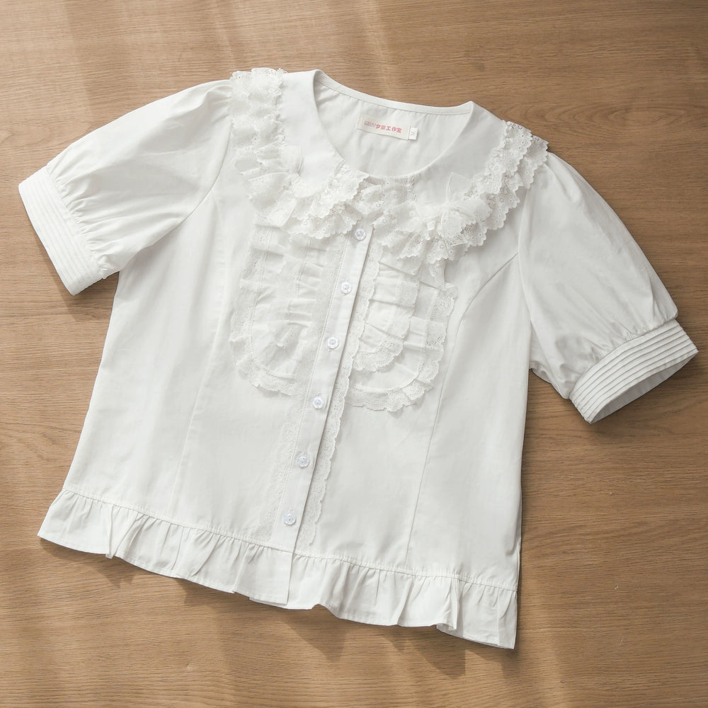 MIST - Semi-sweet Milk Cake - Sweet Lolita Short Sleeve Blouse with Lace Peter Pan Collar Milky White - In Stock S