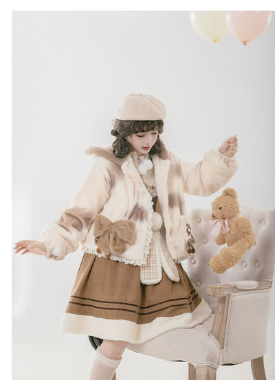 With PUJI~Mocha Bear~Winter Hooded Bear Ear Fleece Lolita Coat   