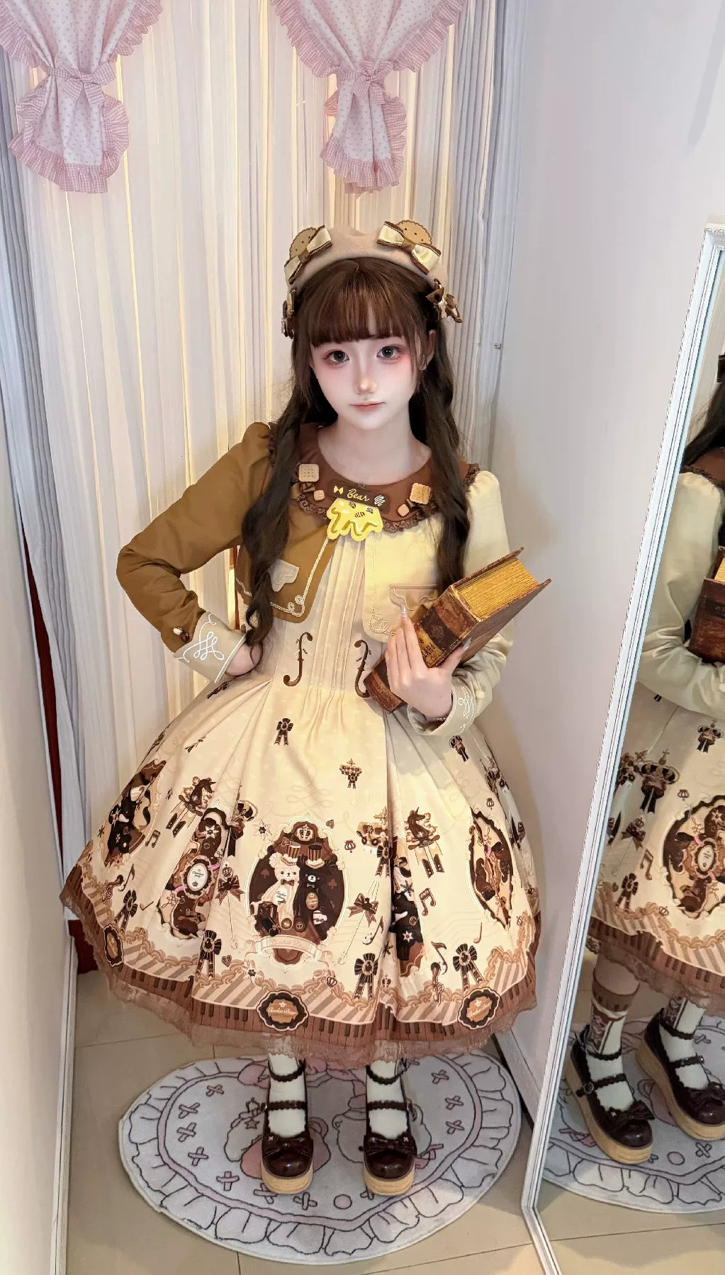 Cream Bear - Print Kawaii Lolita Fake Two-Piece OP, A-lined JSK Dress 44502:811633