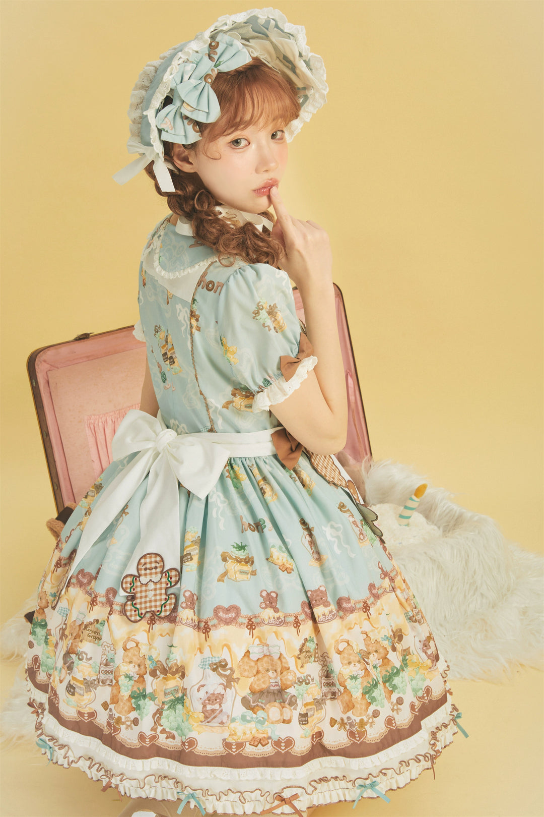 Babyblue~Little Bear Honey Jar~Kawaii Lolita Short Sleeve OP Gingerbread Man Embroidered Dress   