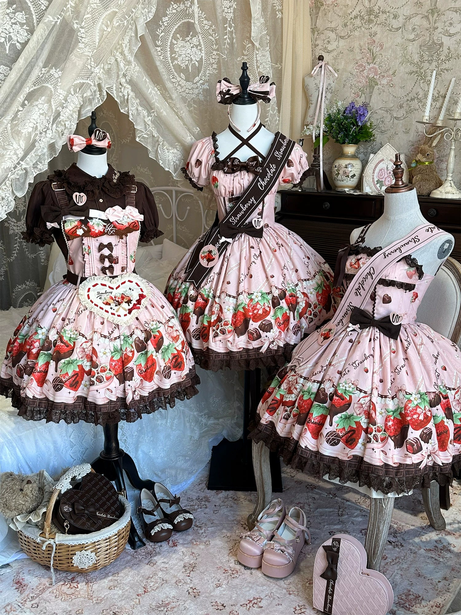 Strawberry Chocolate Lovers - Kawaii Lolita Embroidered Printed Dress 44882:840989