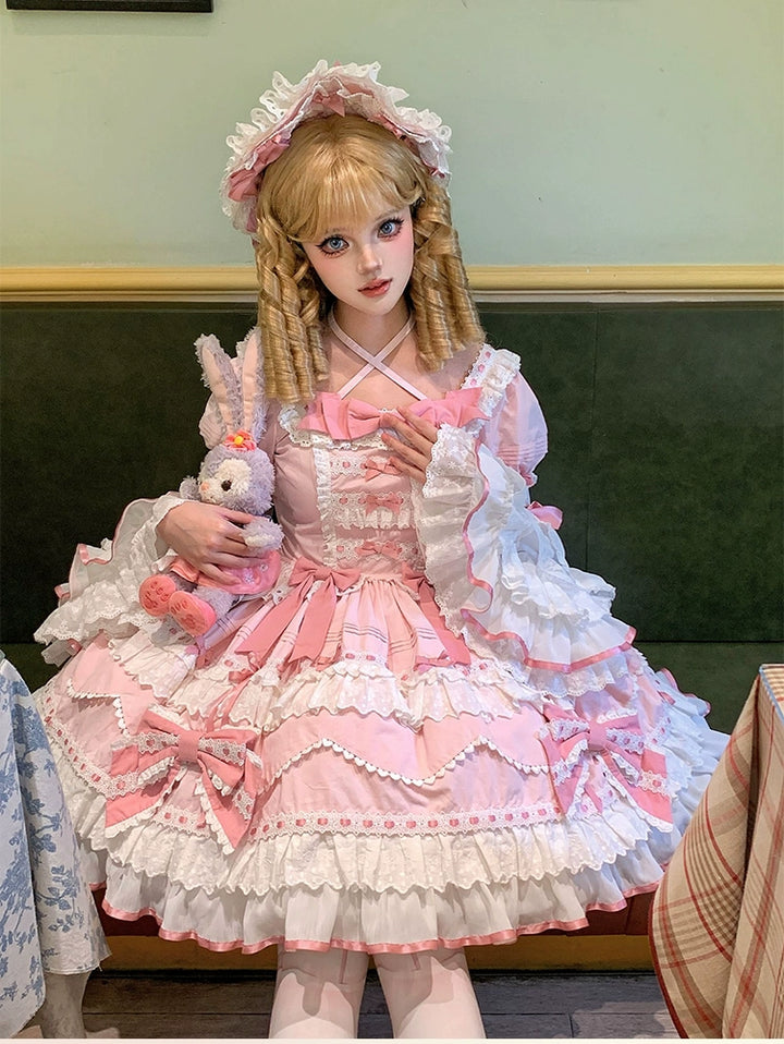 Heartbeat doll~Lily's Tea Party~Pink Old School Lolita OP Dress Long Sleeve