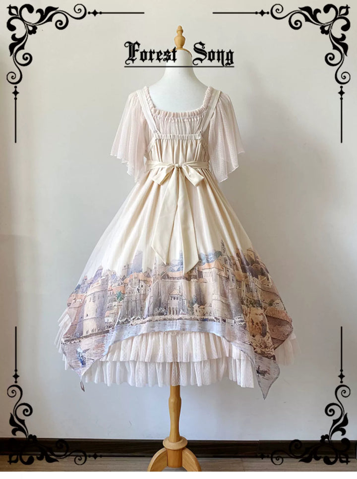 Forest Song - Adriatic - Classic Lolita JSK Chiffon Dress, Gulf City Print