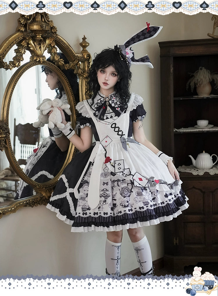YingLuoFu - Alice - Kawaii Lolita OP Dress, Rabbit & Playing Card Motifs Black and white OP (with apron) S