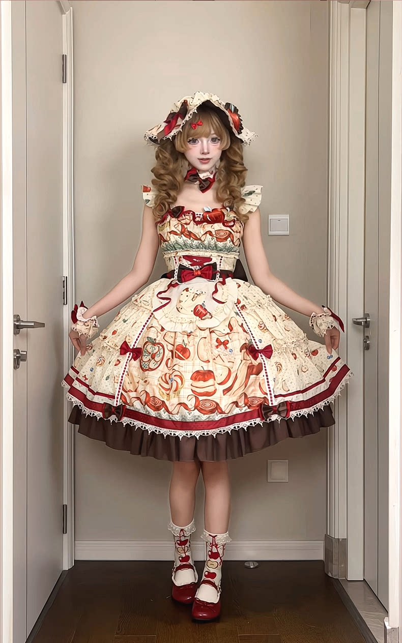 Maple Apple Tart - Sweet Lolita JSK Dress Set, Apple Pie Print 46100:875112