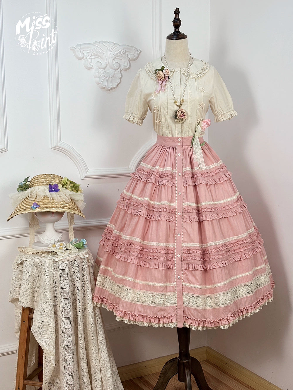 Miss Point~Cat Rose Tea~Elegant Lolita SK Pure Cotton Open-front Skirt 42142:728318