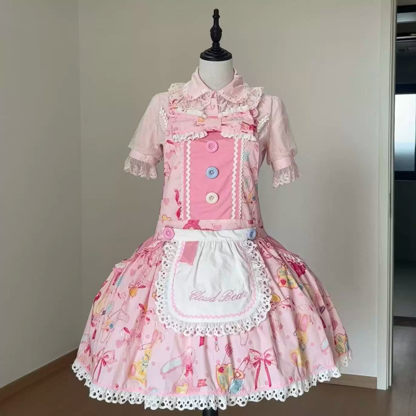 Little Bunny Tag - Sweet Lolita Bunny Printed OP & Salopette, Detachable Apron (2XL L M S XL / Pre-order) 45718:859496
