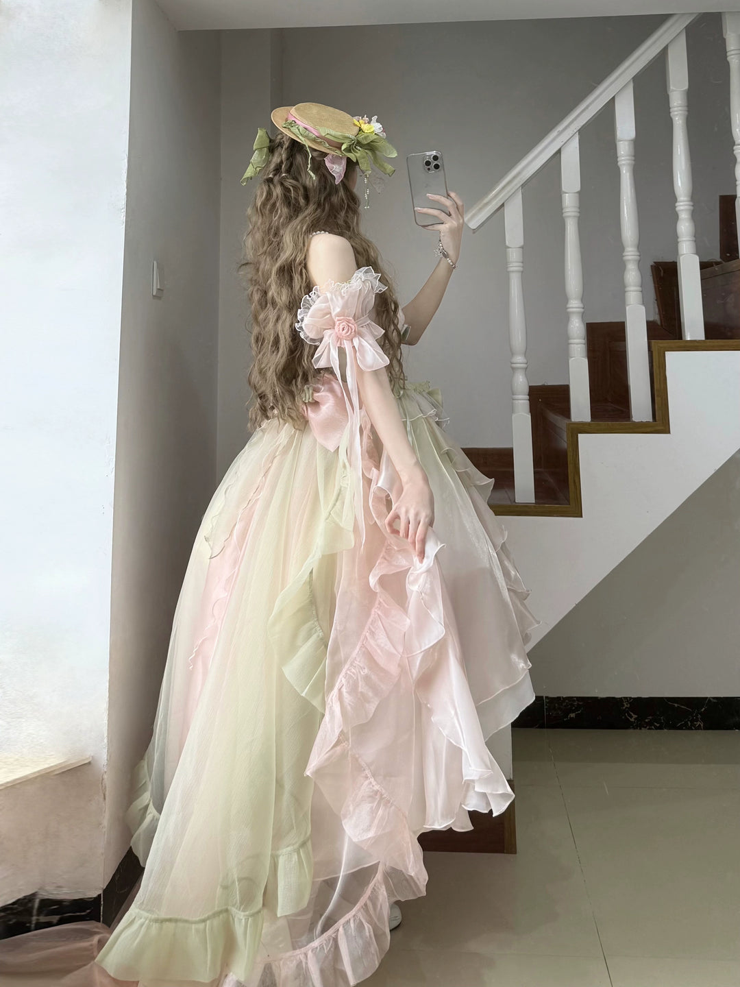 Meowing and fruity - Midsummer Dream - High-low Hem Fairy Lolita Dress Pink-Green Full Set - S