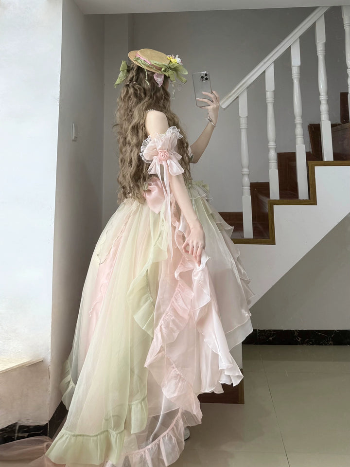 Meowing and fruity - Midsummer Dream - High-low Hem Fairy Lolita Dress Pink-Green Full Set - S