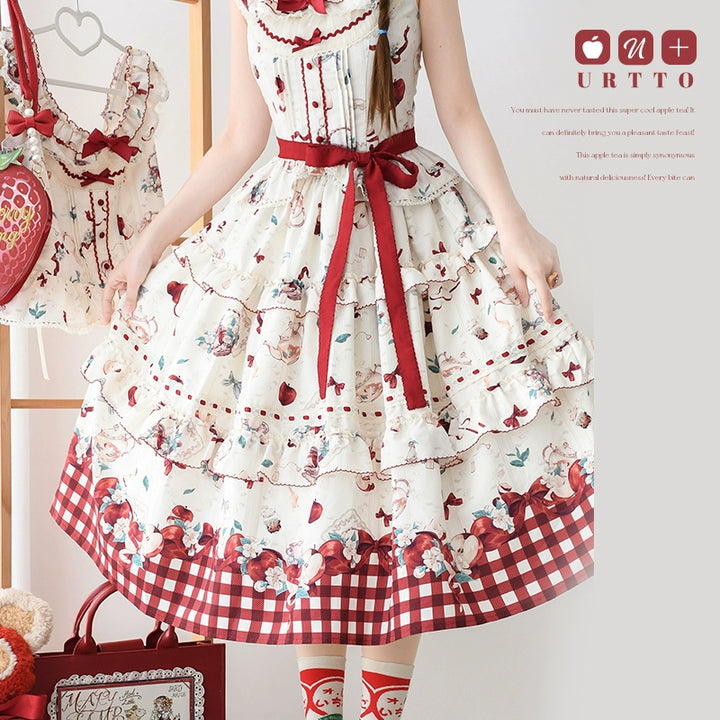Urtto~Apple Tea~Country Lolita Dress Elegant Floral Print JSK Dress S Long Skirt - Beige 