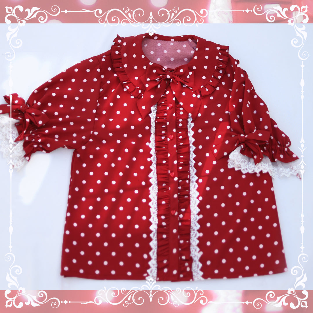 MIST~Heartbeat Program~Elegant Lolita Polka Dot Chiffon Lapel Shirt wine red S 