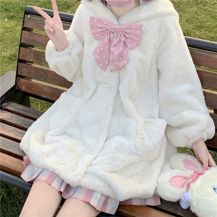 To Alice~Kawaii Lolita Fluffy Coat Bunny Ears Polka Dot Lining Overcoat   