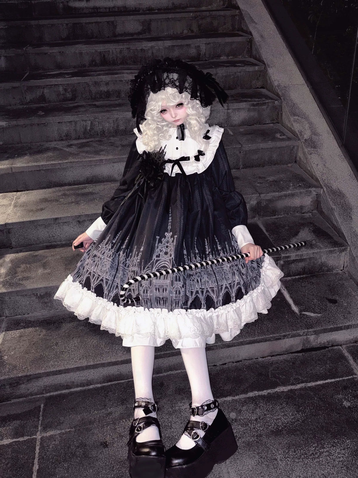 Silent Spire - Gothic Lolita Cathedral Print JSK & OP Dress Set, Side Pockets 45921:868101