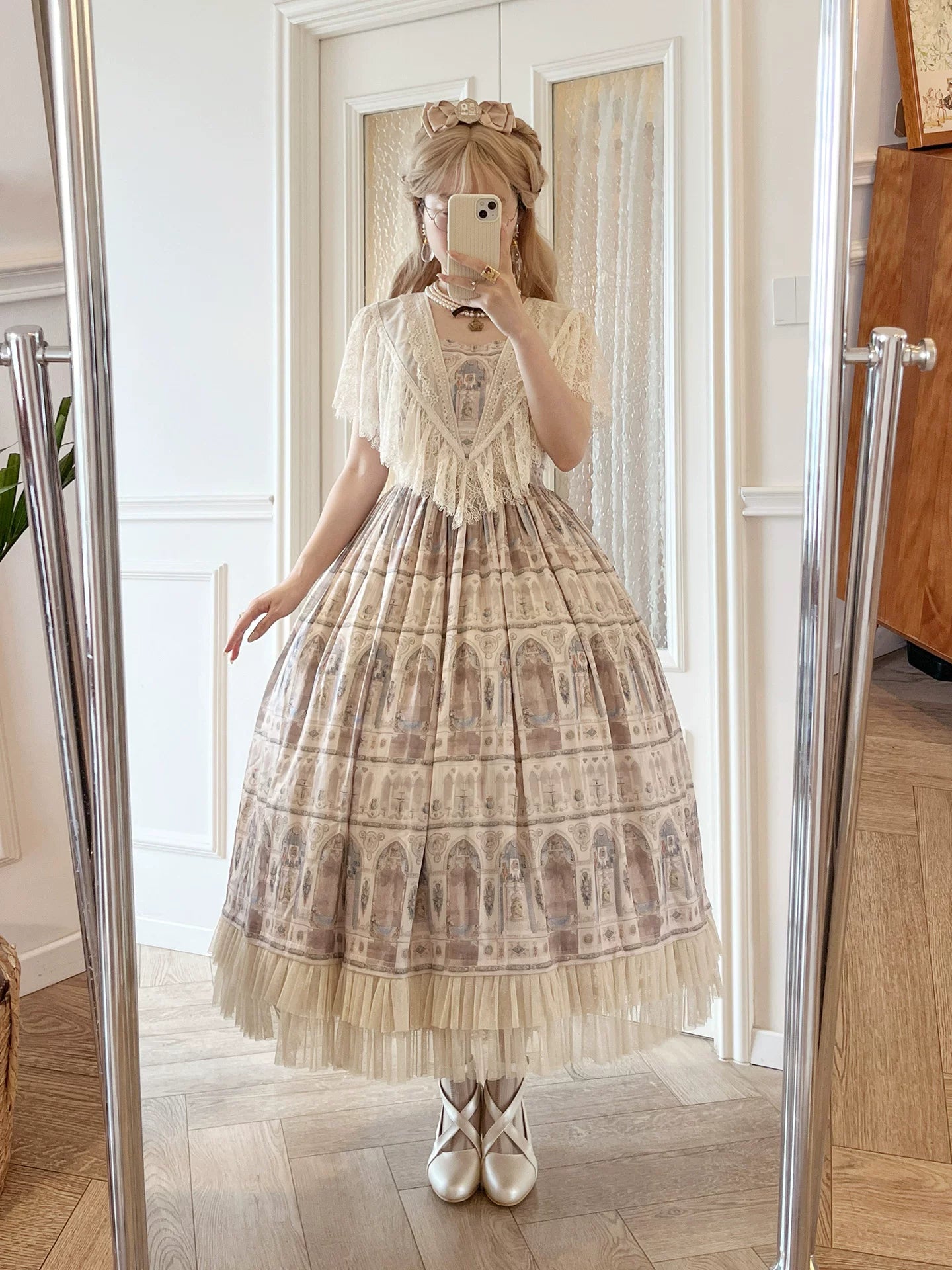 Reims Cathedral - Printed Classic Lolita Dress, Detachable Gauze Outlayer 44701:819197