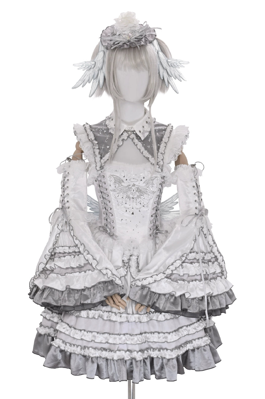 LustrE - Metallic Angel - Silver-white Punk Lolita JSK, Wing and Rhinestone Details 44276:801880
