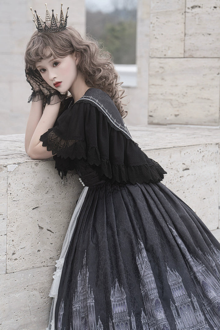 Cornfield Lolita~Silent Church~Gothic Lolita JSK Front Open Printed Dress and Thin Cardigan Set   