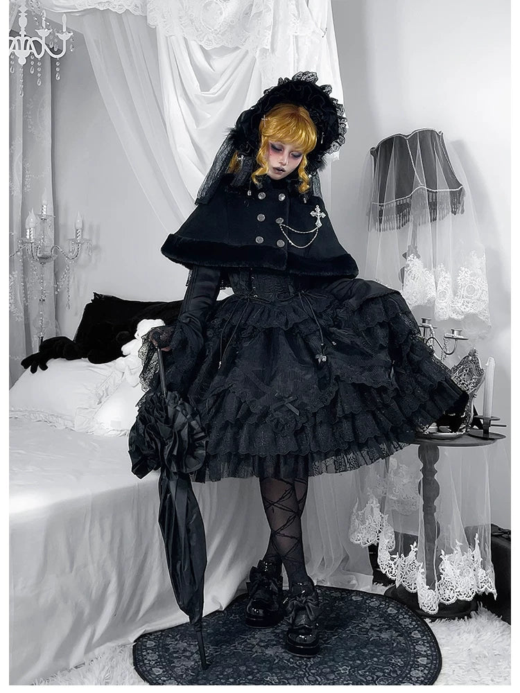 Dark Fog Feast - Gothic Lolita Bust-support Strap Dress, Lace & Cross 45256:842534