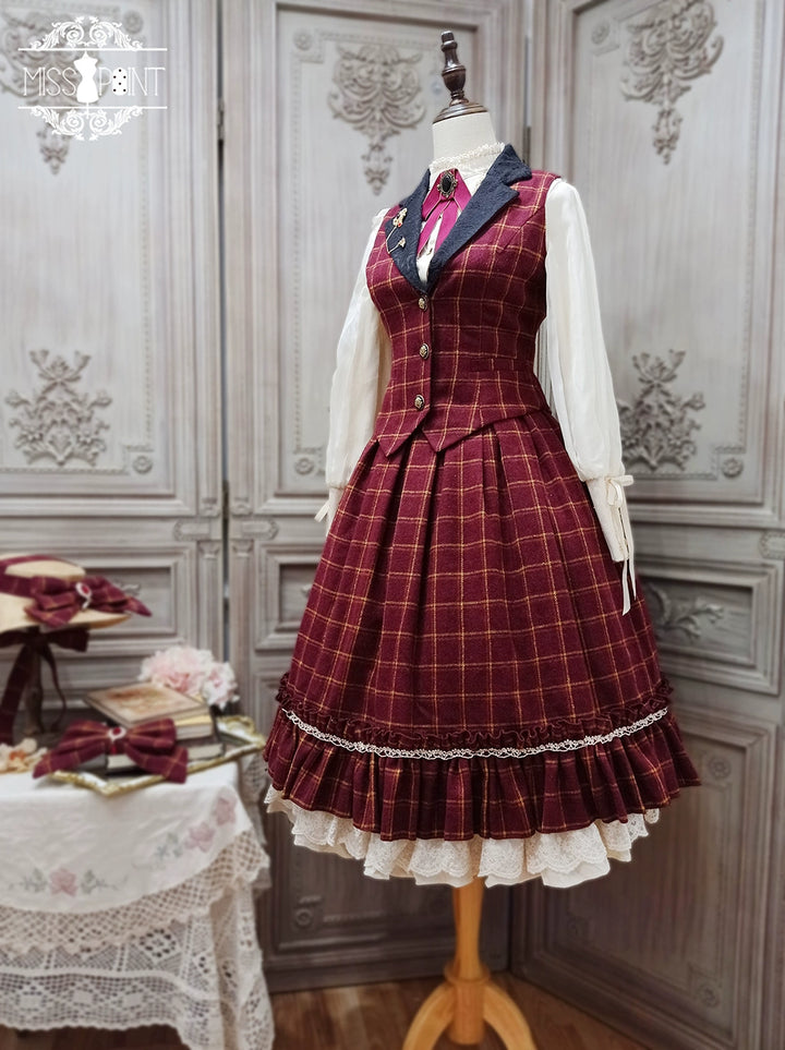 (BFM)Miss Point~Rose~Elegant Lolita Fishbone Grid Skirt Customized S burgundy grid 